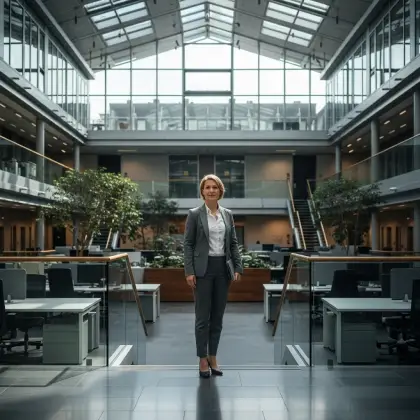A professional woman in a business suit addresses a group, symbolizing the vital contribution of women to the global workforce.